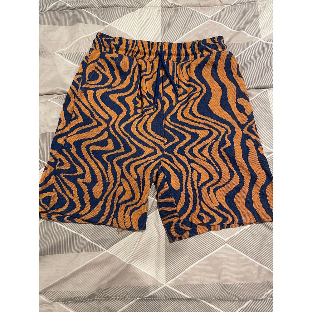 Zara Men’s Large Jacquard Knit Shorts Navy Orange Abstract Drawstring